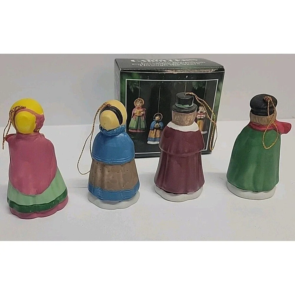 4 Vintage Village Carollers Porcelain Bisque Ornaments Hand‎ Painted Bells JSNY